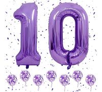 Número 10 Globos Morado, 40 Pulgadas Gran Numero Helio Globos de Cumpleaños con 6Pcs Lila Globos de Confeti para 10 Niños Niñas Cumpleaños Aniversario Decoraciones de Fiesta