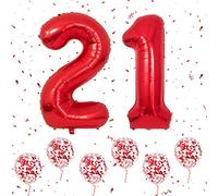 Número 21 Globos Rojo, 40 Pulgadas Papel Aluminio Grande Número 1 y 2 Globos Con 6 Globos Helio Confeti Rojo, Globo 21 12 Cumpleaños Para Niñas Fiesta Niños Ocasiones Románticas Aniversario