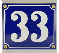 Número de casa esmaltado número 33 azul y blanco "Handarbeit"