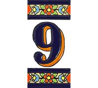 Números casa. Letreros con numeros y letras en azulejo de ceramica policromada, pintados a mano en técnica cuerda seca para placas con nombres, direcciones y señaléctica. Texto personalizable. Diseño FLORES MEDIANO 10,9 cm x 5,4 cm. (NUMERO NUEVE "9")