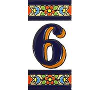 Números casa. Letreros con numeros y letras en azulejo de ceramica policromada, pintados a mano en técnica cuerda seca para placas con nombres, direcciones y señaléctica. Texto personalizable. Diseño FLORES MEDIANO 10,9 cm x 5,4 cm. (NUMERO SEIS "6")