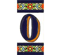 Números casa. Letreros con numeros y letras en azulejo de ceramica policromada, pintados a mano en técnica cuerda seca para placas con nombres, direcciones y señaléctica. Texto personalizable. Diseño FLORES MEDIANO 10,9 cm x 5,4 cm. (NUMERO CERO "0")