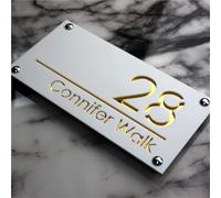 Números para casa exterior personalizados - letrero de número para casa en acrílico con frente blanco/negro y fondo dorado/plata/rosa/negro - corte láser 3D - 28/40/45 cm jcx(Blanco - Oro)