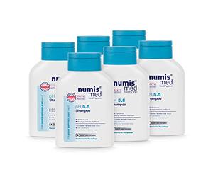 numis med Champú pH 5.5 - Paquete de 6 champú calmante para piel muy sensible y sensible - Cuidado del cabello vegano sin siliconas, parabenos ni aceite mineral - Champú para el cabello (6 x 200 ml)