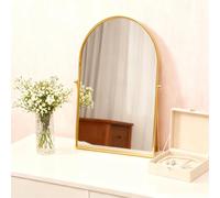 Numjeg Espejo de mesa dorado en metal de escritorio con arco para maquillaje, espejo de baño con marco giratorio de 90° ajustable, decoración para la sala de estar, dormitorio, mesa