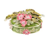 NUMNBE Caja de Joyas Esmaltada Ovalada Verde, Metal con Diseño de Hoja y Flor, Adornada con Cristales - Almacenamiento Seguro, Artesanía Detallada, Ideal para Anillos y Pendientes