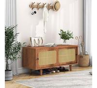 NUMNBE Mueble bajo para TV con frontal trenzado vienés, color nogal, 104 x 48 x 40 cm, con puertas correderas, patas de madera maciza y estantes ajustables para salón, pasillo o dormitorio