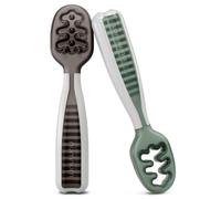 NumNum PreCucharas de Aprendizaje para Bebés | Juego de 2 Cucharas de Silicona (Etapa 1 + Etapa 2) | #1 Recomendada por nutricionistas y Expertos Baby Led Weaning | Ideal BLW (Gris/Verde)