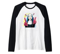 Nun Double Peace Retro Pop Personaje Gráfico Signo Gesto Camiseta Manga Raglan