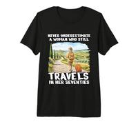 Nunca Subestimes a la Mujer 70 años Setenta diseño de Viajes Camiseta Premium