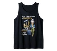Nunca Subestimes a una Mujer Que todavía viaja en Sus 80 años Camiseta sin Mangas
