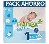 Nunex Premium Care Pañales Talla 1, 2-4 kg, 120 Pañales | Extra Seco | Protección Suave para Recién Nacido | Pañales Bebé Pack Ahorro