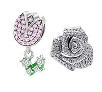 NUNUYAYA Charms Abaloriosde Cuentas Plata de Ley 925 con Circonita Cúbica Pink Sparkling Rose in Bloom Oversized Charms Colgante Compatible con Niña Mujer Europeo Pulsera Collar 2 juegos