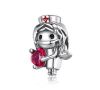 NUNUYAYA Charms Abaloriosde Cuentas Plata de Ley 925 con Circonita Cúbica Red Heart's White Angel Nurses Charms Colgante Compatible con Niña Mujer Europeo Pulsera Collar Día de la Enfermera