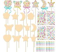 NUOBESTY Kit de Manualidades de Madera para Hacer Varitas de Hadas de Princesa (18 Piezas) - de Estrella Y Luna sin Terminar. Crea Tu Propia Varita con Cintas Y Pegatinas de Gemas para Recuerdos de