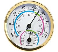 NUOBESTY Termómetro e higrómetro de pared 57 mm para interiores sin batería diseño mini dorado esfera colorida medidor de temperatura y humedad para hogar oficina y almacén