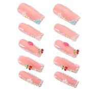 NUOBESTY Uñas Postizas a Presión 3d Decoración de Cerezas y Flores, Cobertura Total, Tamaño M, 10 Piezas, Adhesivas Reutilizables para Manicura y Arte de Uñas en Mujeres y Niñas