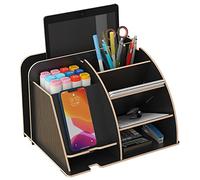 NUODWELL Organizador de escritorio de madera con base de teléfono, organizador de escritorio de oficina, soporte para bolígrafos, caja de almacenamiento, accesorios de escritorio (negro)