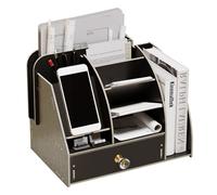 NUODWELL Organizador de escritorio de madera con estación de acoplamiento para teléfono, organizador de almacenamiento de escritorio con cajón y estantería, soporte para lápices, caja de