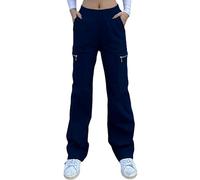 Nuofengkudu Anchous Pantalones Cargo Mujer Elasticos Cintura Alta Cremallera Bolsillos Largos Sueltos Pantalón Trabajo Joven Moda Comodo Punk Gotico Casual Street Pants Azul Marino L