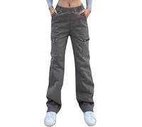 Nuofengkudu Anchous Pantalones Cargo Mujer Elasticos Cintura Alta Cremallera Bolsillos Largos Sueltos Pantalón Trabajo Joven Moda Comodo Punk Gotico Casual Street Pants Gris M