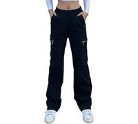 Nuofengkudu Anchous Pantalones Cargo Mujer Elasticos Cintura Alta Cremallera Bolsillos Largos Sueltos Pantalón Trabajo Joven Moda Comodo Punk Gotico Casual Street Pants Negro S