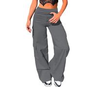 Nuofengkudu Cargo Pantalones Anchos Mujer 6 Bolsillos Campana Elasticos Cintura Alta Elegante Largo Pantalón Trabajo Fiesta Moda Adolescente Y2K Casual Punk Gris S