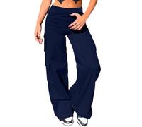 Nuofengkudu Cargo Pantalones Anchos Mujer 6 Bolsillos Campana Elasticos Cintura Alta Elegante Largo Pantalón Trabajo Fiesta Moda Adolescente Y2K Casual Punk Azul Marino S