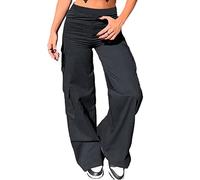 Nuofengkudu Cargo Pantalones Anchos Mujer 6 Bolsillos Campana Elasticos Cintura Alta Elegante Largo Pantalón Trabajo Fiesta Moda Adolescente Y2K Casual Punk Negro L