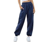 Nuofengkudu Holgados Pantalones Jogger Mujer Interior Polar Térmicos 2 Bolsillos Elastica Cintura Alta Largos Pull on Deportiva Pantalón Casual Lounge Pasear Otoño Invierno Lana-Azul Marino S