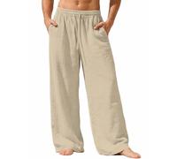 Nuofengkudu Hombre Algodon Lino Pantalones Ancho Verano Holgados Ligero 3 Bolsillos Cordón Cintura Elastica Yoga Pantalon Casual Comodo Hippie Playa Relajados Vacaciones Caqui Claro 3XL