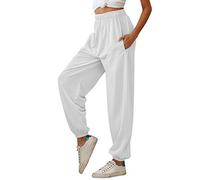Nuofengkudu Mujer Harem Baggy Jogging Pantalones con Bolsillos Elastica Cintura Alta Comodo Llanura Largos Pantalón Deportiva Sports Jogger Pants Sweatpants Casual Ropa de Casa(Delgado-Blanco,L)