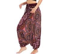 Nuofengkudu Mujer Harem Pantalones Jumpsuit Boho Cintura Alta Verano Playa Floral Vino Rojo
