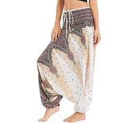 Nuofengkudu Mujer Harem Pantalones Jumpsuit Boho Cintura Alta Verano Playa N Pavo Real Blanco