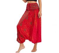 Nuofengkudu Mujer Harem Pantalones Jumpsuit Boho Cintura Alta Verano Playa N Pavo Real Rojo