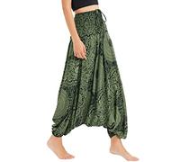 Nuofengkudu Mujer Harem Pantalones Jumpsuit Boho Cintura Alta Verano Playa Rosas Verde Oscuro
