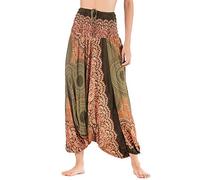 Nuofengkudu Mujer Harem Pantalones Jumpsuit Boho Cintura Alta Verano Playa(Verde Oscuro Etnico)