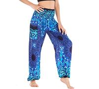 Nuofengkudu Mujer Hippie Harem Pantalones Bolsillo Boho Sueltos Cintura Alta Verano(Azul Flor)