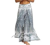 Nuofengkudu Mujer Hippie Largo Pantalones Dividir Pata Ancha Flores Estampados Sueltos Elegantes Comodos Thai Yoga Pants Verano Playa Vacaciones(Gris Pavo,S/M)