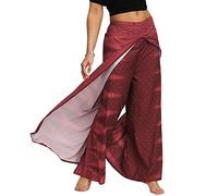 Nuofengkudu Mujer Hippie Largo Pantalones Dividir Pata Ancha Flores Estampados Sueltos Elegantes Comodos Thai Yoga Pants Verano Playa Vacaciones(Vino Tinto,S/M)