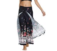 Nuofengkudu Mujer Hippie Largo Pantalones Dividir Pata Ancha Flores Estampados Sueltos Elegantes Comodos Thai Yoga Pants Verano Playa Vacaciones(Negro Floral C,S/M)