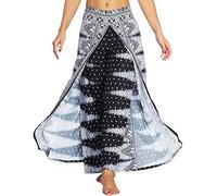 Nuofengkudu Mujer Hippie Largo Pantalones Dividir Pata Ancha Flores Estampados Sueltos Elegantes Comodos Thai Yoga Pants Verano Playa Vacaciones(Negro Etnico,L/XL)