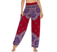 Nuofengkudu Mujer Hippie Pantalon Harem Cintura Alta Boho Vintage Verano(W-Vino Rojo Floral)