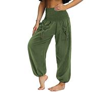 Nuofengkudu Mujer Hippie Pantalon Harem Elásticos Cintura Alta Bolsillos Bombachos Tailandes Hombre Comodos Yoga Pants Pantalones Unisex Pijama Verano Playa Fiesta Viaje Casual Verde Oscuro L