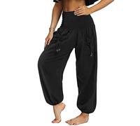 Nuofengkudu Mujer Hippie Pantalon Harem Elásticos Cintura Alta Bolsillos Bombachos Tailandes Hombre Comodos Yoga Pants Pantalones Unisex Pijama Verano Playa Fiesta Viaje Casual Negro L