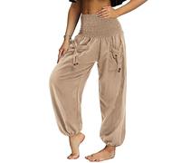 Nuofengkudu Mujer Hippie Pantalon Harem Elásticos Cintura Alta Bolsillos Bombachos Tailandes Hombre Comodos Yoga Pants Pantalones Unisex Pijama Verano Playa Fiesta Viaje Casual Albaricoque M
