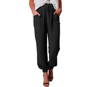 Nuofengkudu Mujer Hippie Pantalones Cagados Sueltos Verano Bolsillos Cordón Cintura Elastico Ligeros Pantalon Transpirable Liso Boho Bombachos Elegantes Playa Fiesta Casual Casa Harem Pants Negro S