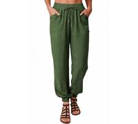 Nuofengkudu Mujer Hippie Pantalones Cagados Sueltos Verano Bolsillos Cordón Cintura Elastico Ligeros Pantalon Transpirable Liso Boho Bombachos Elegantes Playa Fiesta Casual Casa Pants Verde Oscuro L