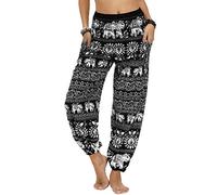 Nuofengkudu Mujer Hippies Pantalones Harem Tailandeses Boho Estampados Bolsillos Cintura Alta Baggy Yoga Pants Verano Playa Fiesta (Negro Elefante,Talla única)
