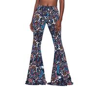 Nuofengkudu Mujer Pantalones Campana Hippie Estampados Largos Elastico Tiro Alto Pantalón Leggins Acampanados Pantalon Comodo Casual Fiesta Ropa Flores Azules 2XL
